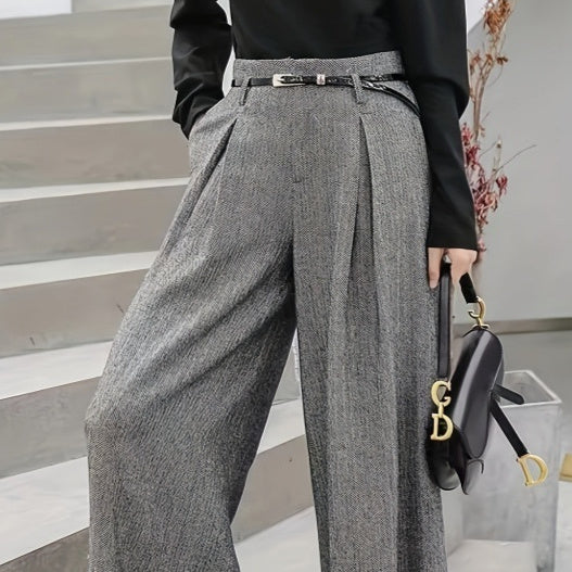 Elegantes pantalones Tweed de cintura alta y pierna ancha para otoño