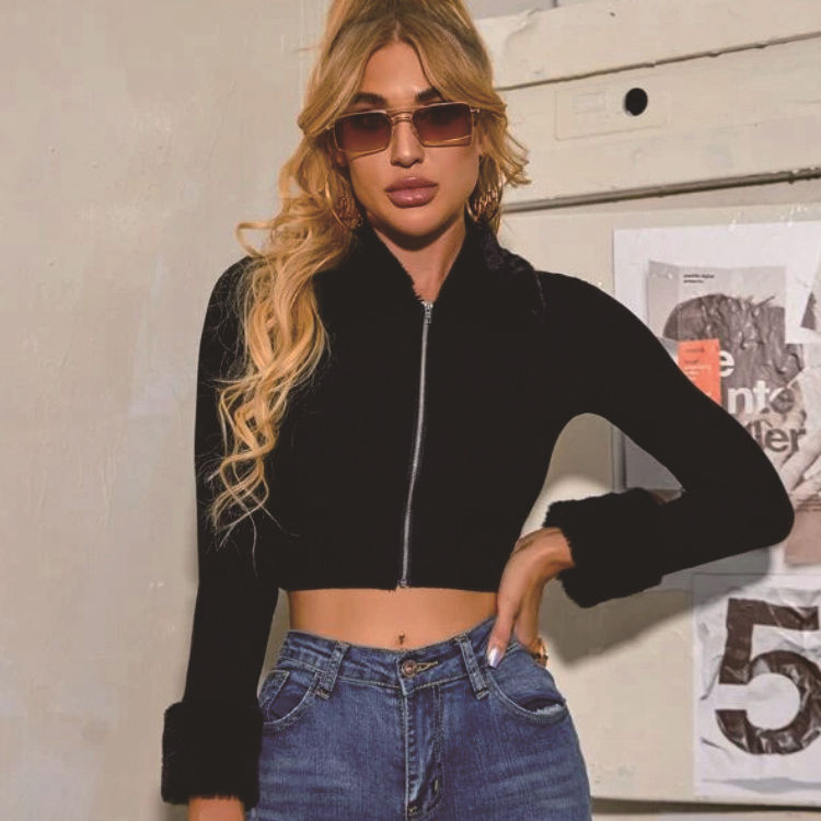 Cárdigan de punto corto con cremallera y tiras de pitbull de color puro