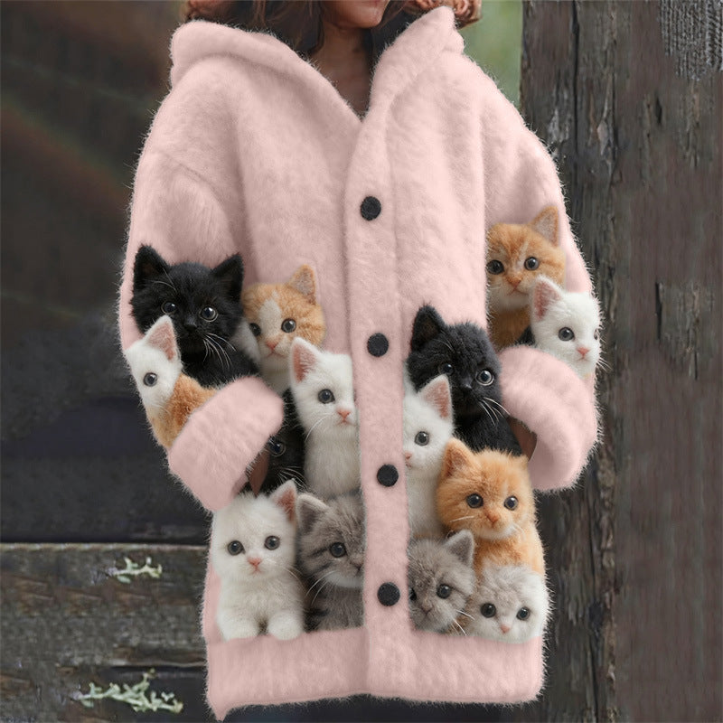 abigo con capucha informal para mujer con estampado de gato