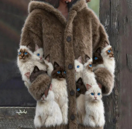 abigo con capucha informal para mujer con estampado de gato