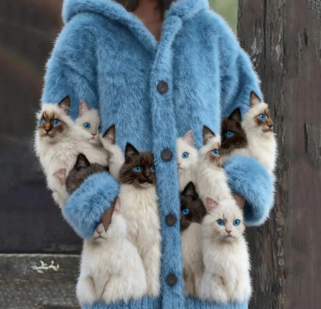 abigo con capucha informal para mujer con estampado de gato