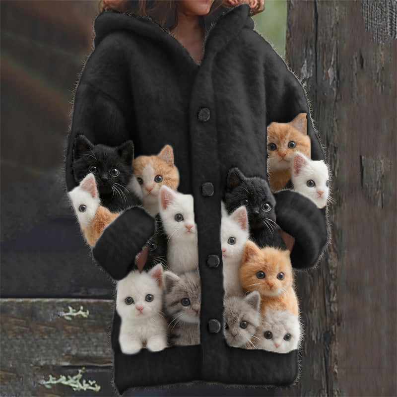 abigo con capucha informal para mujer con estampado de gato