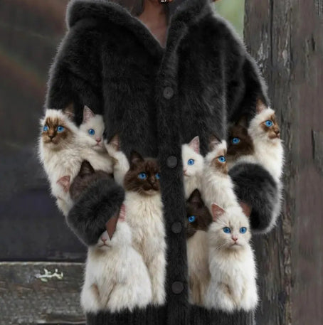 abigo con capucha informal para mujer con estampado de gato