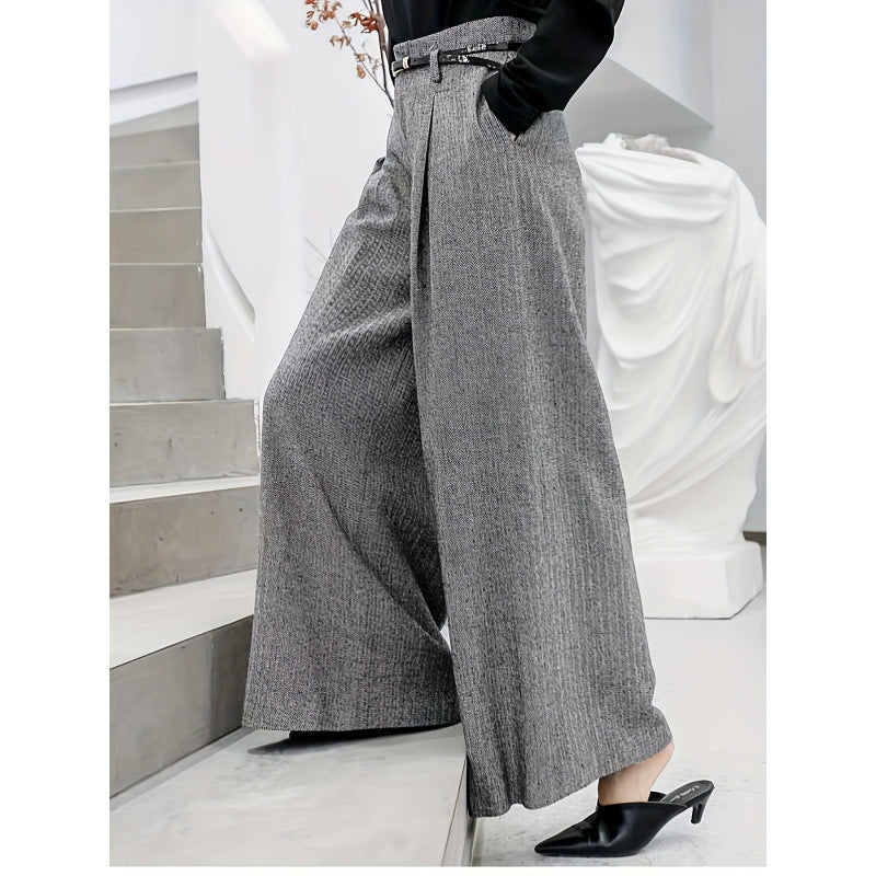 Elegantes pantalones Tweed de cintura alta y pierna ancha para otoño