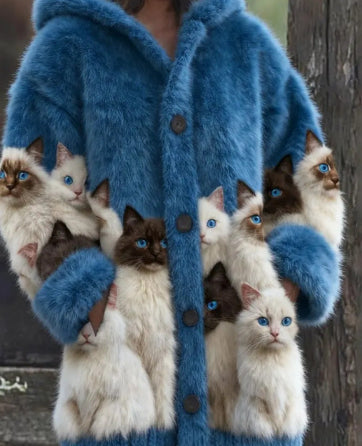 abigo con capucha informal para mujer con estampado de gato